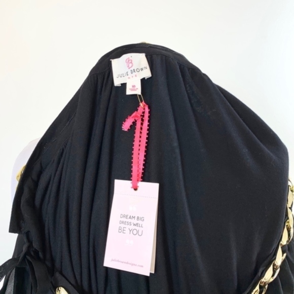 Julie Brown NYC Chiffon Sheer Black One Shoulder Blouse Gold Chain 100% Silk - Picture 5 of 8